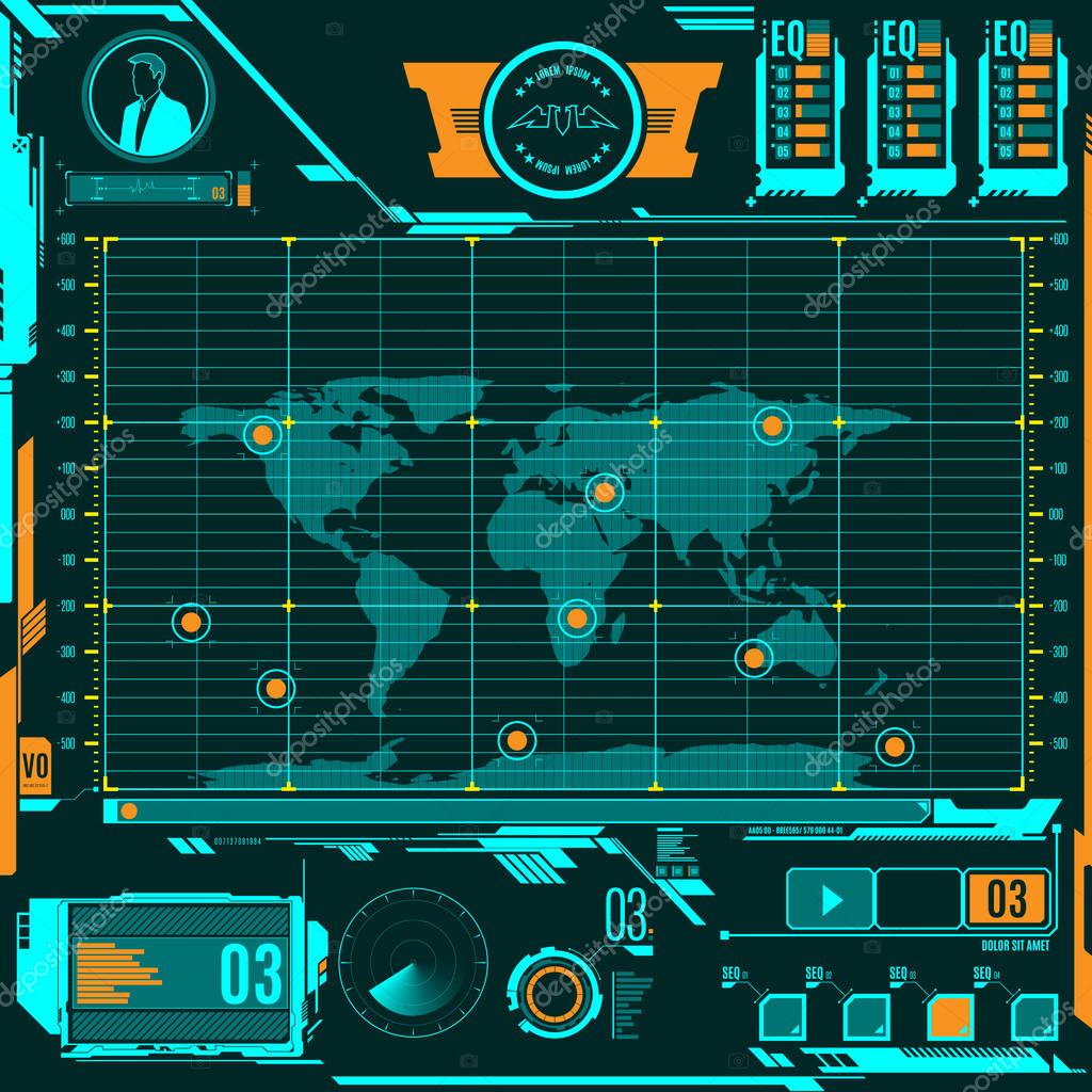 HUD Head-up display navigation map screen elements. Futuristic modern user interface. Vector graphic.