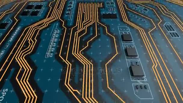 Volando sobre una placa de circuito futurista con CPU — Vídeo de stock