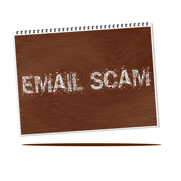 Email scam white wording on Notebook wood background — Stock Photo, Image