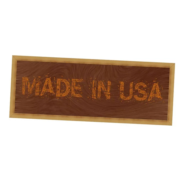 MADE en EE.UU. texto naranja sobre marco de madera fondo marrón —  Fotos de Stock