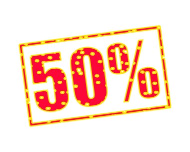% 50 kırmızı-sarı damga metni beyaz kağıt üzerinde