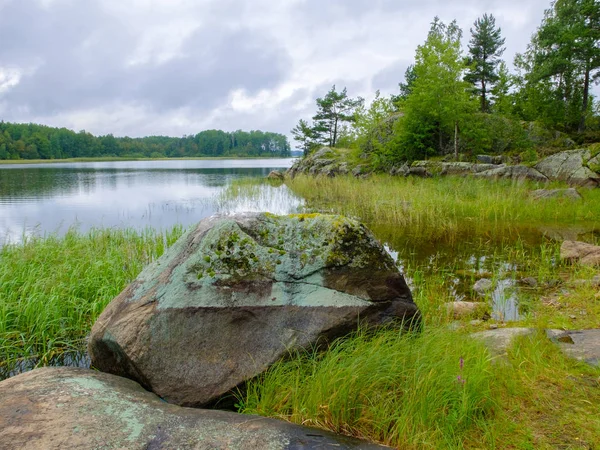 Zerklüftete Landschaft an den Ufern nördlicher Seen und wilder Inseln, die mit Wald bedeckt sind. — Stockfoto