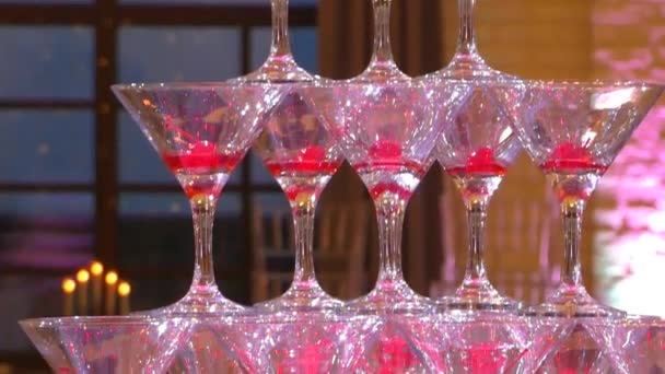 Champagne Glasses Light Illuminations Wine Pyramid Parties — Stock Video