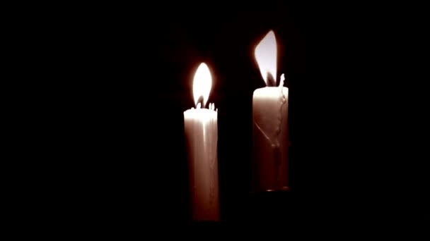 Holiday Candles Burn Dark Fire Lighting Romantic Night — Stock Video