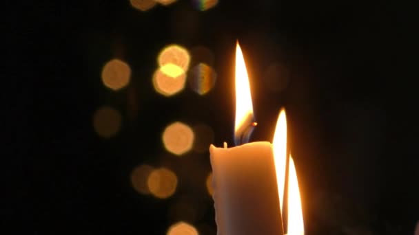 Holiday Candles Burn Dark Fire Lighting Romantic Night — Stock Video