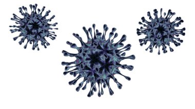 Coronavirus COVID 19 3 boyutlu görüntüde izole edildi. Sadece canlı hücrelerin içinde çoğalabilen ve grip salgınına neden olan hücresel olmayan tehlikeli bir bulaşıcı madde..