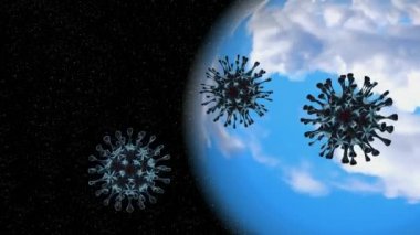 Coronavirus hücreleri Covid-19 Dünya 'nın yakınında uçar. Ölümcül atipik bulaşıcı virüs SARS-Cov-2 grip ve zatürree salgınlarına neden olur..