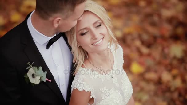 Casal de casamento no parque de outono — Vídeo de Stock