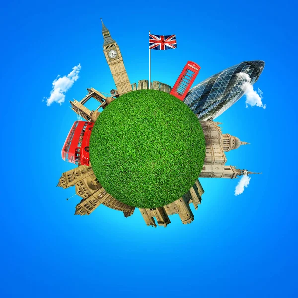 City of London. England Attractions. Red bus, green planet.