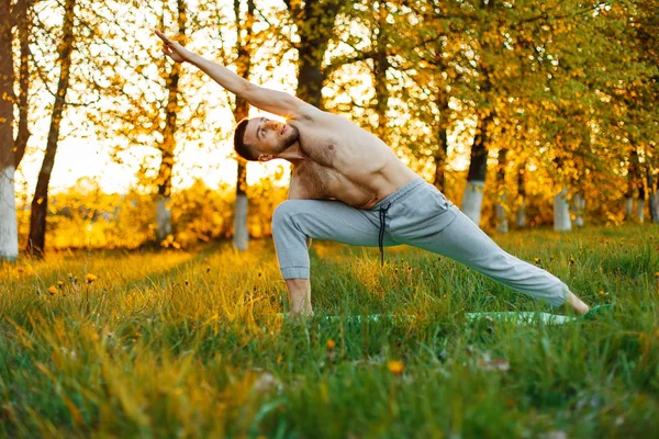 Gün batımında pratik Yoga parkta genç adam. Sağlıklı yaşam tarzı