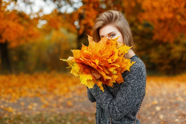 Beautiful young cheerful girl with autumn leaves walking in the park — Stock Photo, Image