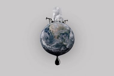 planet Earth kirliliği. Petrol üretimi, duman, bir damla yağı ile borular. Petrol rezervlerinin sonu