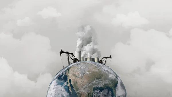 Concept pollution of the environment. Oil rigs and an atomic plant on the planet earth — Stock Photo, Image