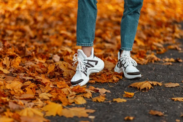 Close-up van vrouwelijke benen in blauwe modieuze jeans in stijlvolle witte sneakers op het asfalt tussen oranje droog gebladerte. Trendy damesschoenen. Nieuwe collectie. — Stockfoto