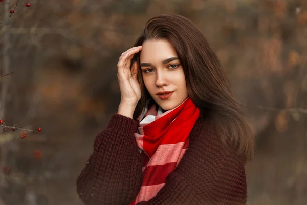 Belle jeune femme mignonne avec maquillage naturel aux cheveux bruns dans un élégant pull tricoté avec une écharpe rouge posant à l'extérieur dans le parc d'automne. Jolie jolie fille mannequin de mode dans la forêt . — Photo