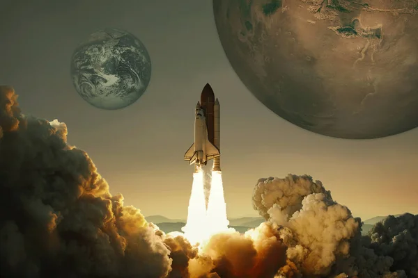 La navicella spaziale decolla verso il cielo con il pianeta Terra e il pianeta Marte. Il razzo vola sul pianeta. Concetto di viaggio interplanetario. Missione spaziale — Foto Stock