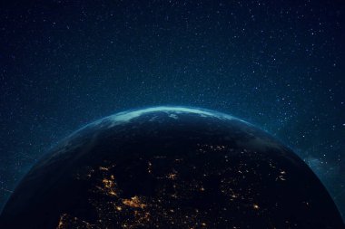 Beautiful blue planet earth with lights in space. Flying over the planet