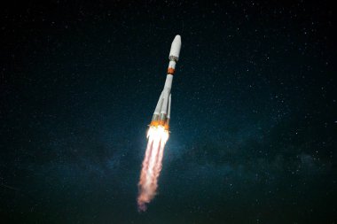 Rocket flies on the background of the starry sky, Real Spaceship in Flight, Launch Rocket. Flying Rocket 