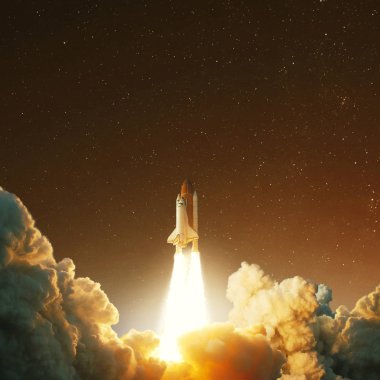Uzay aracı Mars gezegeninde uzaya uçar. Kızıl gezegene yolculuk. Roket havalanıyor. 
