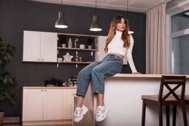 Şık kırmızı saçlı, şık tişörtlü, mavi kot pantolonlu, modaya uygun beyaz ayakkabılı genç bir kadının şık modeli kapalı bir masa üzerinde dinleniyor. Mutfak odasında çok şık bir bayan ev hanımı var..