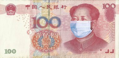 Tıbbi maskeli Mao Zedong 'lu Çinli Yuan. Coronavirus COVID-19 salgın konsepti. Dünya ekonomik krizi. Corona virüsü salgını ve salgından etkilenen ekonomi ve finans piyasaları.