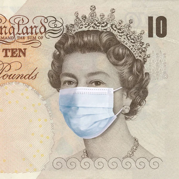Britse Koningin Met Een Medisch Masker Pandemisch Coronavirus Concept Ineenstorting — Stockfoto