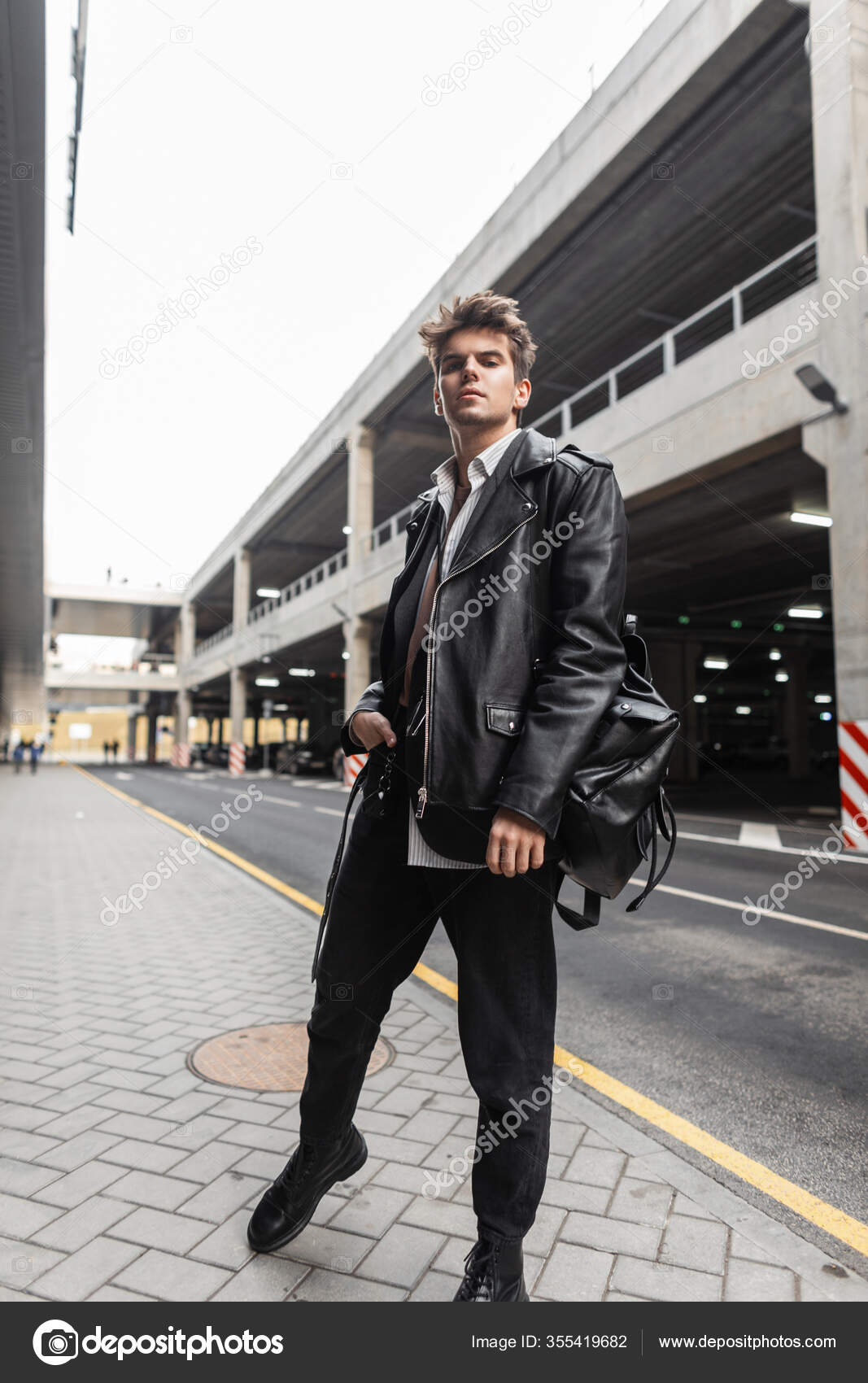 Modern Young Hipster Man Fashion Black Casual Wear Poses City