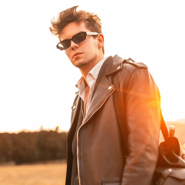 Stylish Portrait American Young Hipster Man Trendy Sunglasses Vintage Leather — Stock Photo, Image