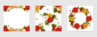 Flower arrangement. Composition chamomile. Red. Orange. White. Flowers in a circle. Wreath. Ring. Background. Pattern. Style for 8 March, wedding, Valentine's Day clipart