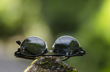 Yeşil bokeh arka planda güneş gözlüğü ve oyuncak ayı. 