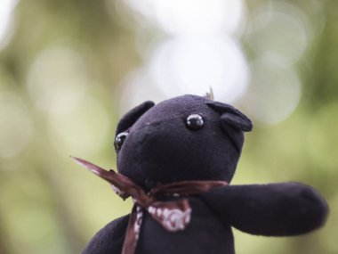 Oyuncak ayı ve oyuncak bebek yeşil bahçe bokeh 'inde