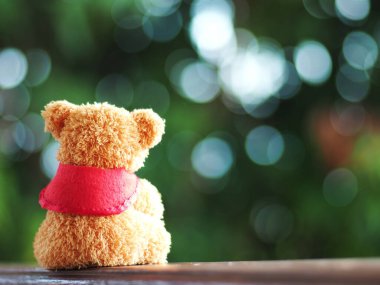 Oyuncak ayı yeşil ve bokeh arka planda tek başına oturur. 