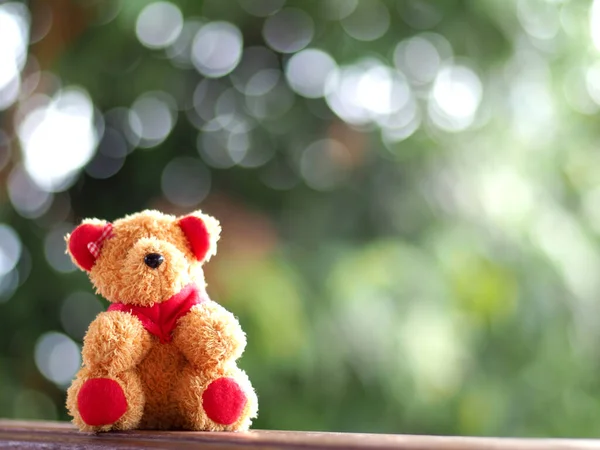Teddy Bear Sit Alone Green Bokeh Background — Stock Photo, Image