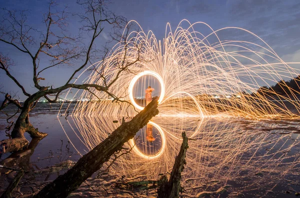 Fuego Trabajo Steelwool Fiesta Playa — Foto de Stock