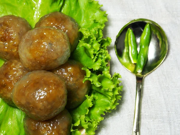 Bola Sago Sobremesa Tailandesa Com Carne Porco Dentro — Fotografia de Stock