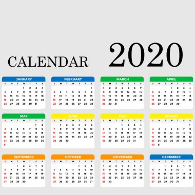 2020 yılı için renk takviminin vektör illüstrasyonu
