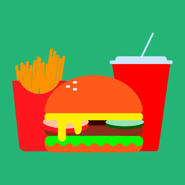 Büyük hamburgerin vektör çizimi patates kızartması ve soda.