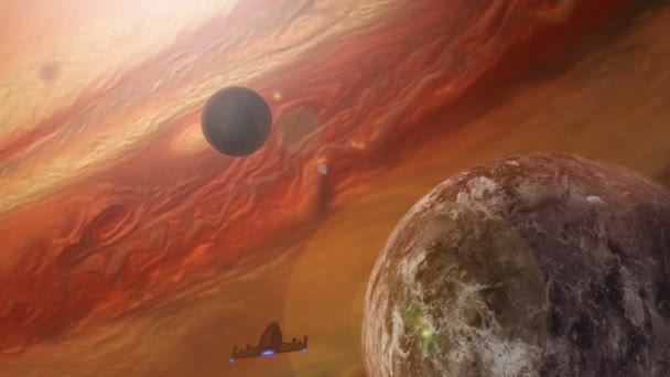 Red Space Planets Passing Spaceship (4K) Le vaisseau spatial s'approche de la planète entre les lunes. Futuriste paysage du ciel de la science-fiction. Egalement disponible sans livraison dans mon portfolio. Cette animation 3D lisse est faite en 4K .