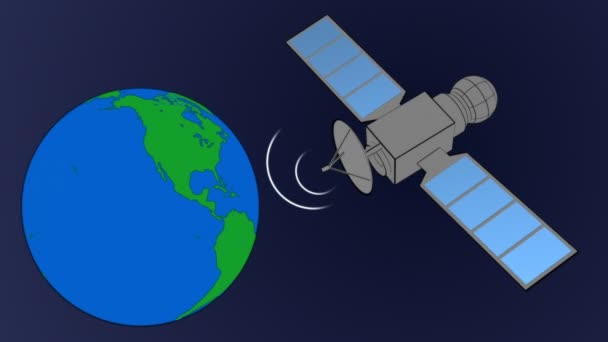 Satélite Comunicación Con Tierra Giratoria Oscura Animación Del Envío Satélites — Vídeo de stock