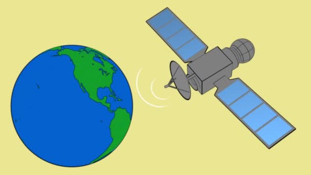 回転地球との通信衛星 回転地球青で送信されるグラフィック通信衛星のアニメーション 4Kで宇宙船3Dを送信するデータを周回するイラスト ポートフォリオの他 — ストック動画
