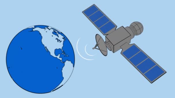 Satelita Komunikacyjny Wirującą Ziemią Niebieski Animacja Graficznego Satelity Komunikacyjnego Wysyłającego — Wideo stockowe