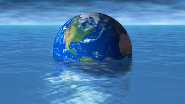 水の中の地球温暖化上昇する海水面によって溺れていく私達の惑星の4Kループアニメーション 気候変動による洪水を象徴している 4Kの完璧なループ — ストック動画