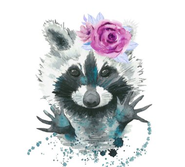 Kafasında çiçekler olan rakun. Suluboya çizimi beyaz arkaplanda izole edildi.