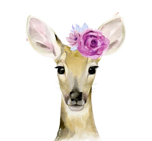 Fawn com flores na cabeça. Jovem veado. Ilustração em aquarela isolada sobre fundo branco . — Fotografia de Stock