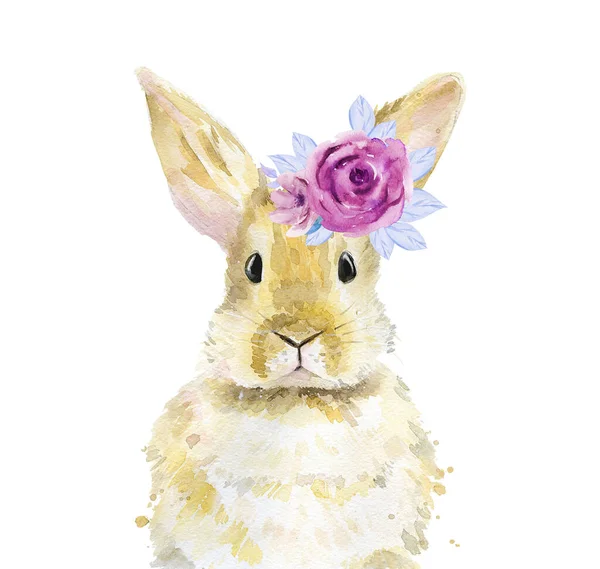 ウサギの頭の上に花。白を基調とした水彩画. — ストック写真