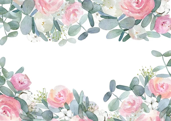 Panadería floral rosa rectangular. Flores de rosas pintadas, hojas de eucalipto y ramas de algodón. Ilustración de acuarela sobre fondo blanco . —  Fotos de Stock
