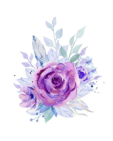 Paarse bloemenboeket. Abstracte blauwe bloei. Aquarelillustratie geïsoleerd op witte achtergrond. — Stockfoto