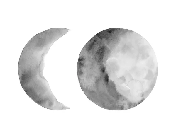 Set di due fasi della luna. Luna crescente e luna piena. Satelliti terrestri grigi. Illustrazione ad acquerello isolato su sfondo bianco . — Foto Stock