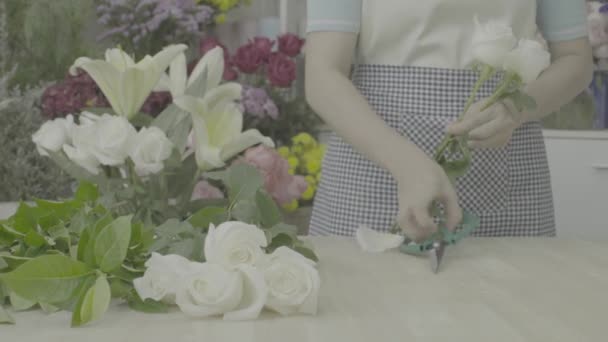 Dolly Shot av florist kvinna skära stjälkar av vita rosor, oklassificerade tonen — Stockvideo