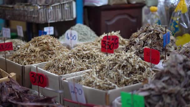 Dry seafood placed lined in paper boxes for distribution — Stock Video